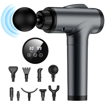 Hoiltal Deep Tissue Massage Gun Portable Handheld Percussion Muscle Massager Gun for Pain Relief 30 Speeds & 9 Massage Heads Cordless Electric Massager for Athletes Back Neck and Body (Gray)