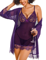 Load image into Gallery viewer, Avidlove Womens Lingerie 3 Piece Lingerie Sets Sexy Kimono Robe with Teddy Lingerie Lace Nightgown Dark Purple