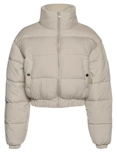Zhiyouni Women's Cropped Puffer Jacket - Stylish Short Winter Coat with Zip Closure, Long Sleeves & Lightweight Warmth (Light Khaki, XS)