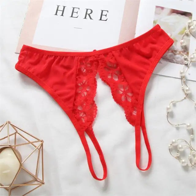 Floral Lace Crotchless Panties - Seductive Women's Underwear Set (Sheer Delicate Lingerie, Adjustable Straps, Romantic Boudoir Style)