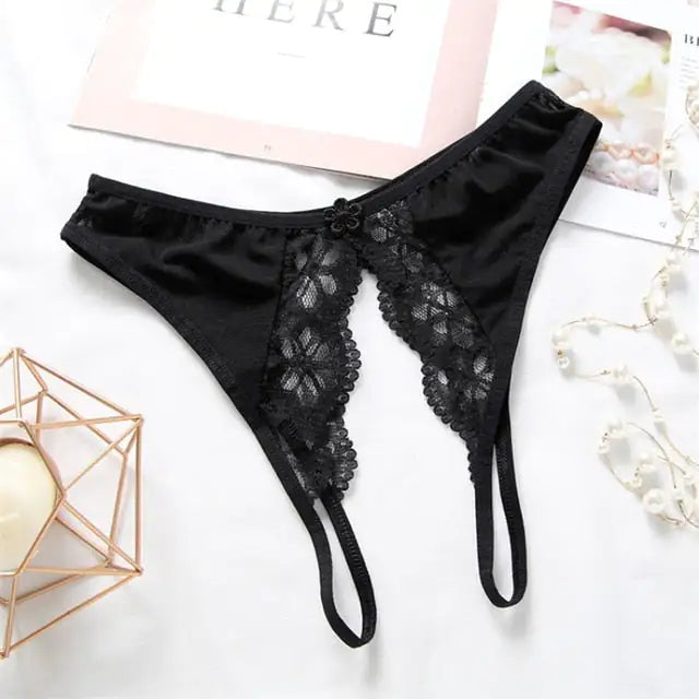 Floral Lace Crotchless Panties - Seductive Women's Underwear Set (Sheer Delicate Lingerie, Adjustable Straps, Romantic Boudoir Style)